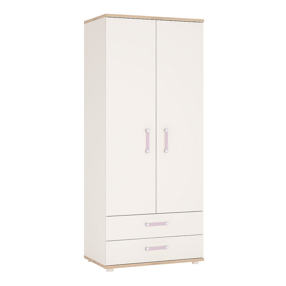 Kinder 2 Door 2 Drawer Wardrobe in Light Oak and white High Gloss (lilac handles)